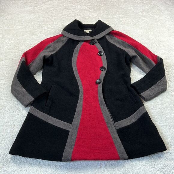 Carson felted wool abstract art red and black snap front coat, med - Picture 3 of 13